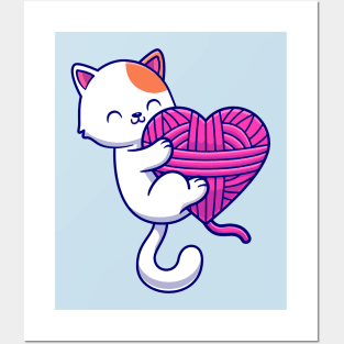 Cute Cat Playing Yarn Ball Cartoon Posters and Art